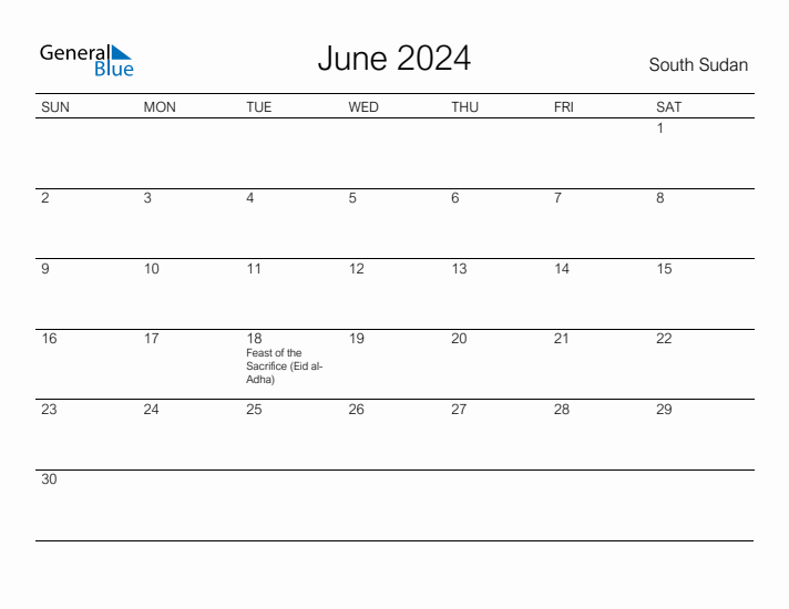 Printable June 2024 Calendar for South Sudan