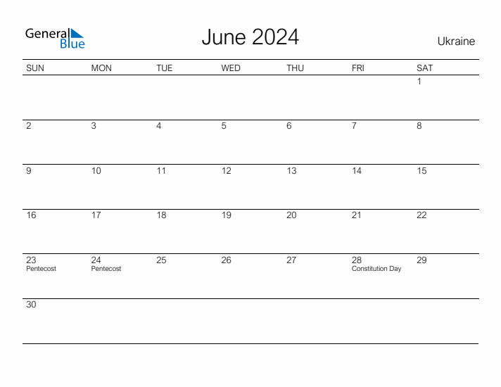 Printable June 2024 Calendar for Ukraine