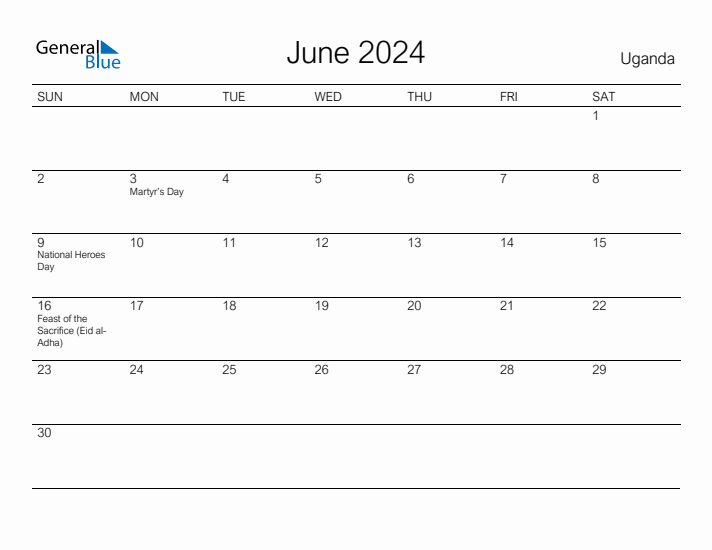 Printable June 2024 Calendar for Uganda