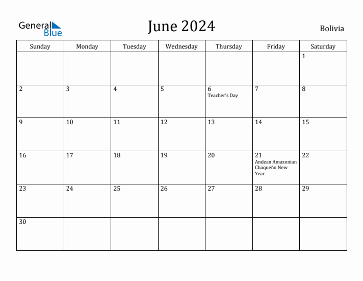 June 2024 Calendar Bolivia