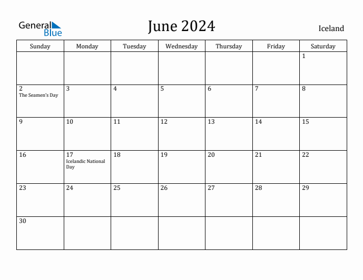 June 2024 Calendar Iceland