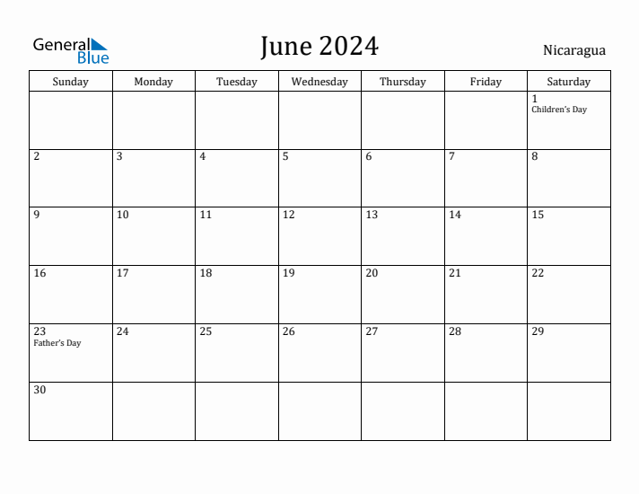 June 2024 Calendar Nicaragua