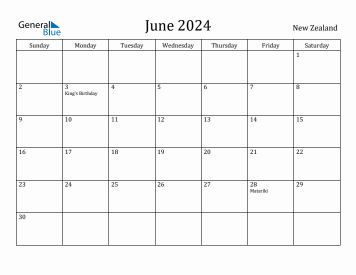 June 2024 Calendar New Zealand