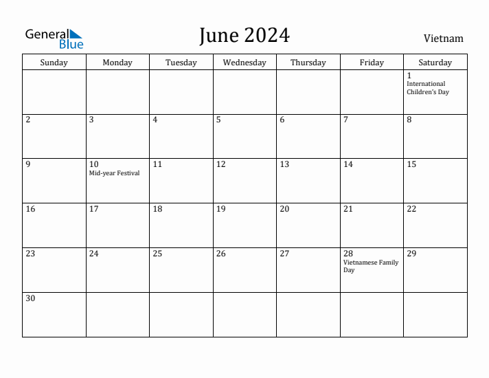 June 2024 Calendar Vietnam