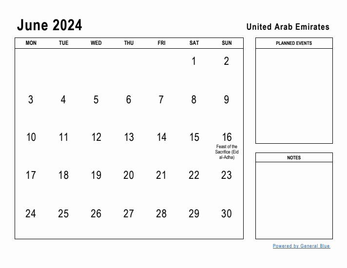 June 2024 Printable Monthly Calendar with United Arab Emirates Holidays