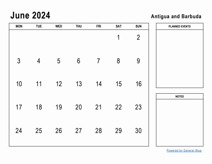 June 2024 Printable Monthly Calendar with Antigua and Barbuda Holidays