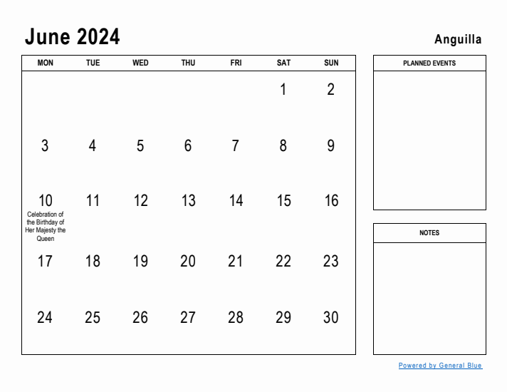 June 2024 Printable Monthly Calendar with Anguilla Holidays