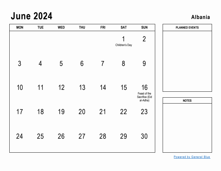 June 2024 Printable Monthly Calendar with Albania Holidays