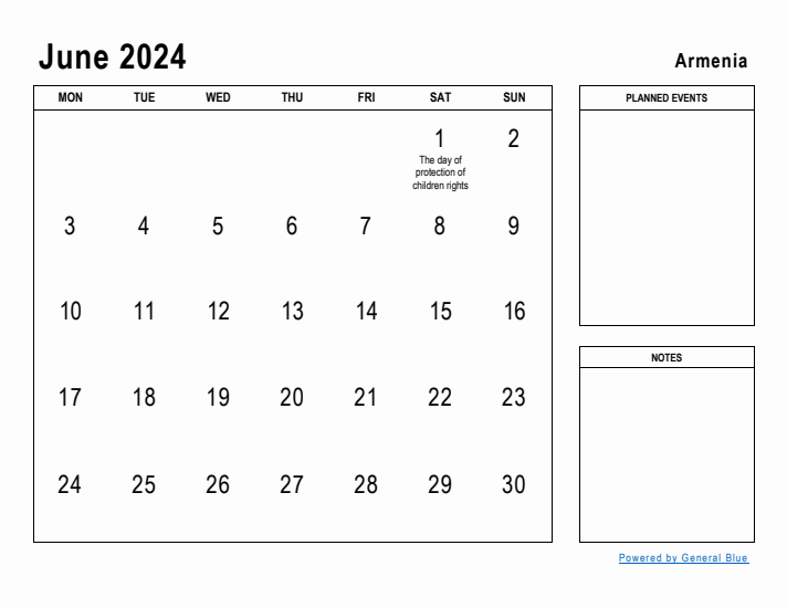 June 2024 Printable Monthly Calendar with Armenia Holidays