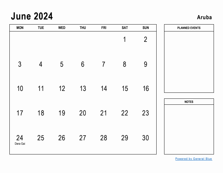 June 2024 Printable Monthly Calendar with Aruba Holidays