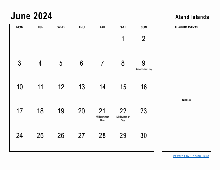 June 2024 Printable Monthly Calendar with Aland Islands Holidays