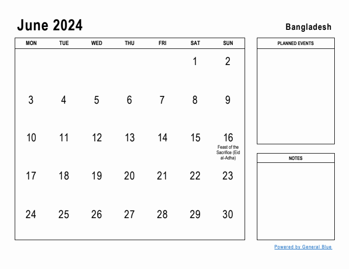 June 2024 Printable Monthly Calendar with Bangladesh Holidays