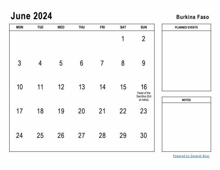 June 2024 Printable Monthly Calendar with Burkina Faso Holidays