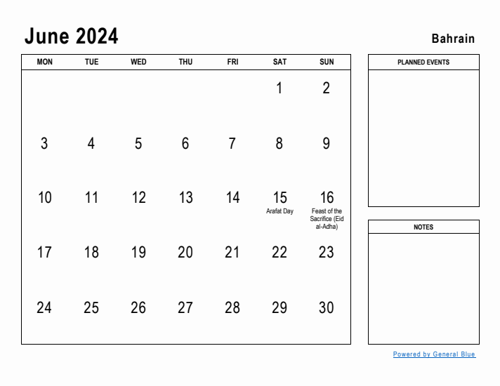 June 2024 Printable Monthly Calendar with Bahrain Holidays