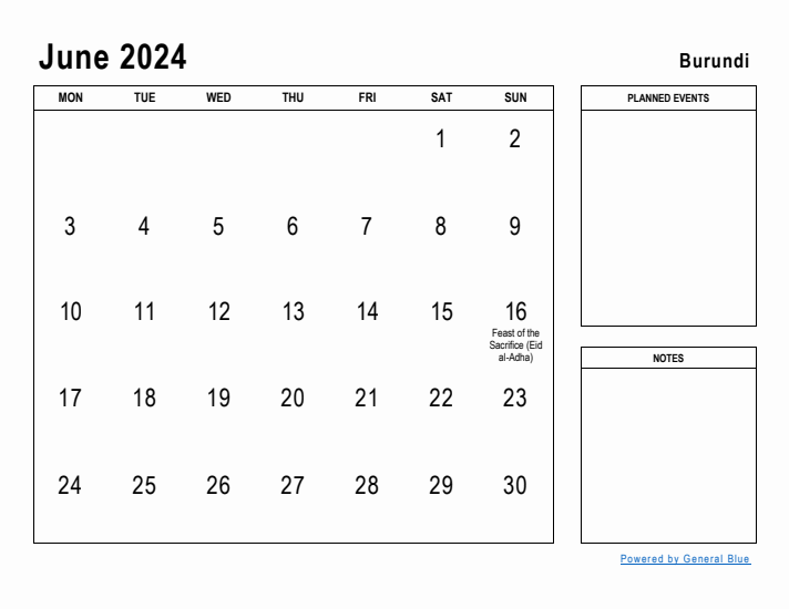 June 2024 Printable Monthly Calendar with Burundi Holidays