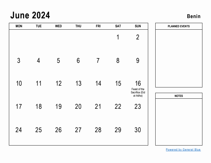 June 2024 Printable Monthly Calendar with Benin Holidays