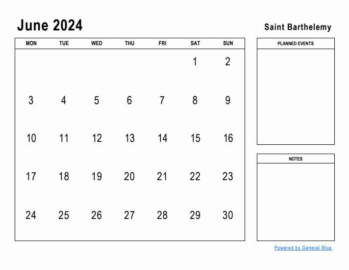 June 2024 Printable Monthly Calendar with Saint Barthelemy Holidays