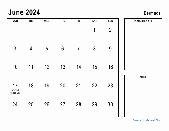 June 2024 Printable Monthly Calendar with Bermuda Holidays