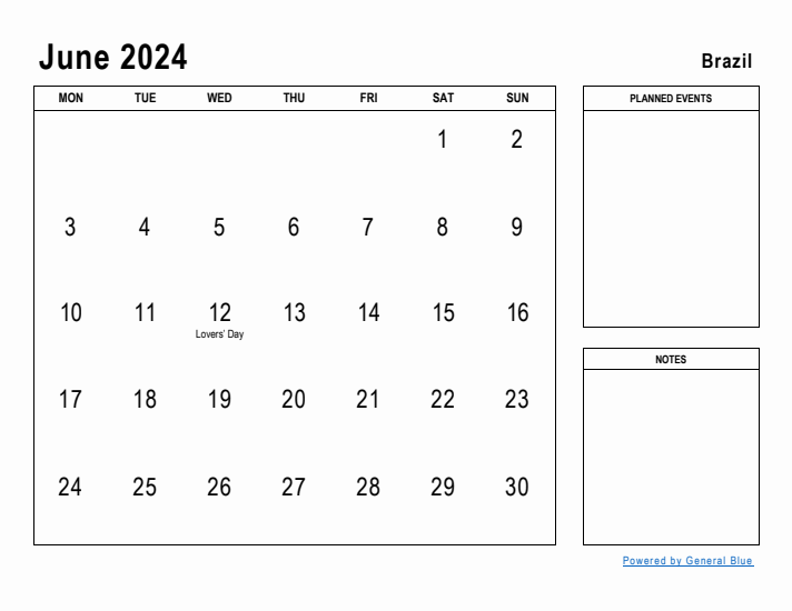 June 2024 Printable Monthly Calendar with Brazil Holidays