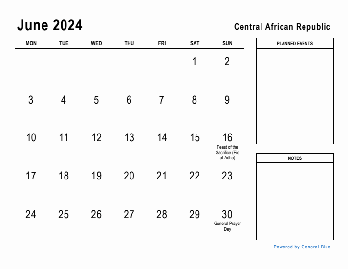 June 2024 Printable Monthly Calendar with Central African Republic Holidays