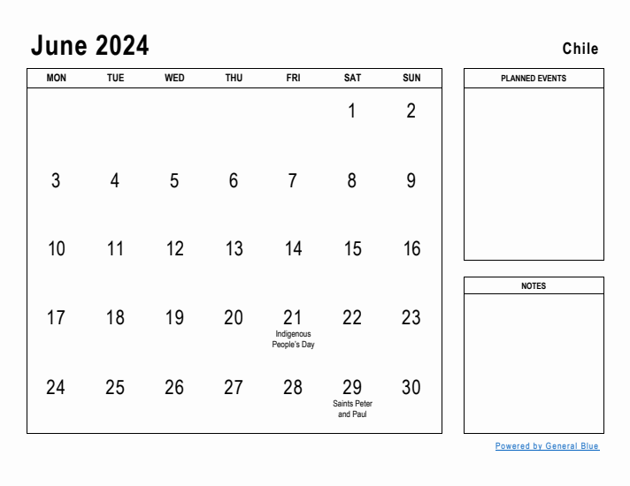 June 2024 Printable Monthly Calendar with Chile Holidays