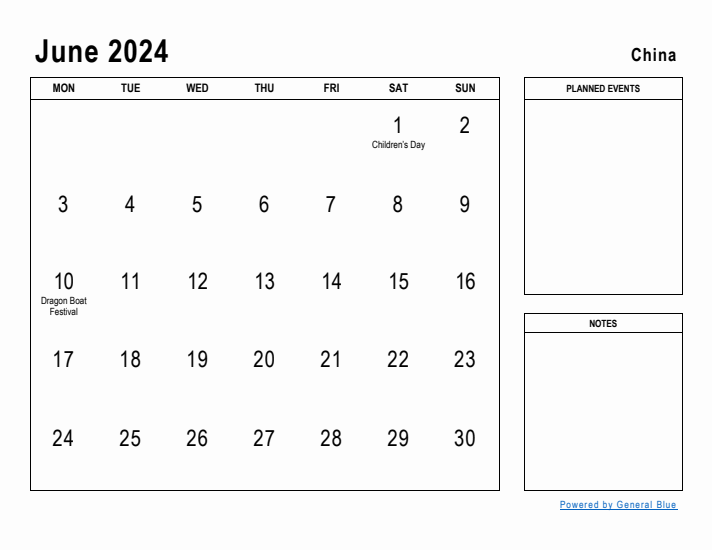 June 2024 Printable Monthly Calendar with China Holidays