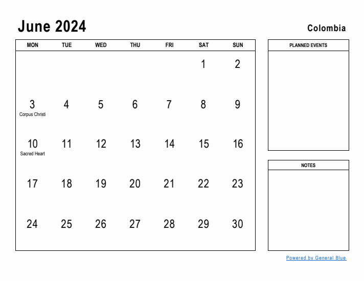 June 2024 Printable Monthly Calendar with Colombia Holidays