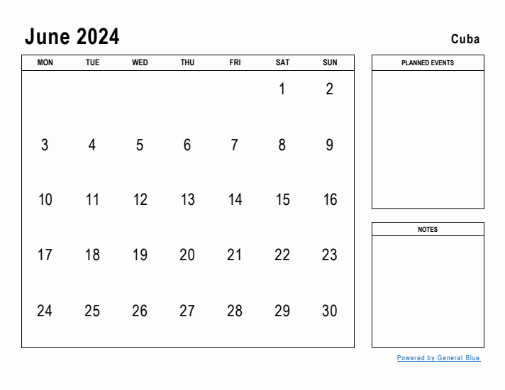 June 2024 Printable Monthly Calendar with Cuba Holidays