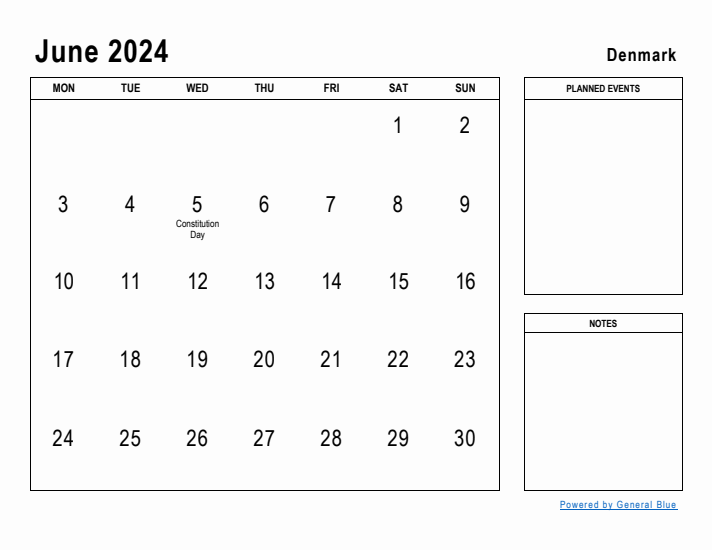 June 2024 Printable Monthly Calendar with Denmark Holidays