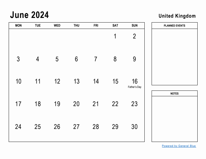 June 2024 Printable Monthly Calendar with United Kingdom Holidays