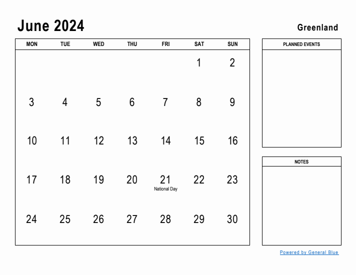 June 2024 Printable Monthly Calendar with Greenland Holidays