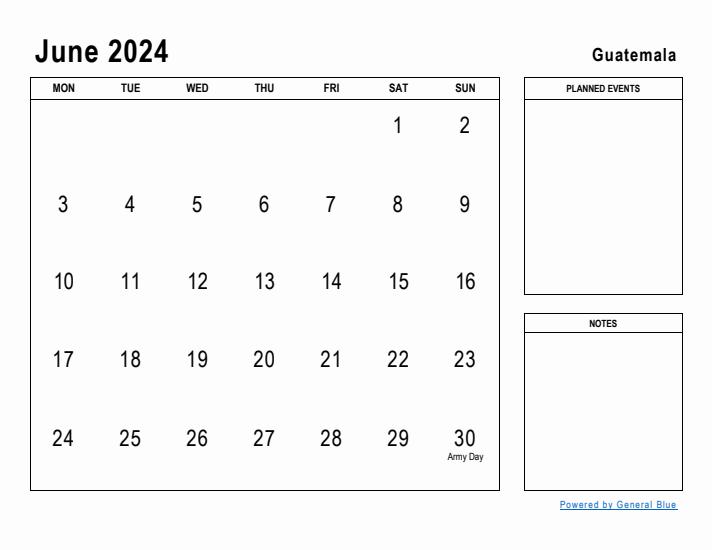 June 2024 Printable Monthly Calendar with Guatemala Holidays