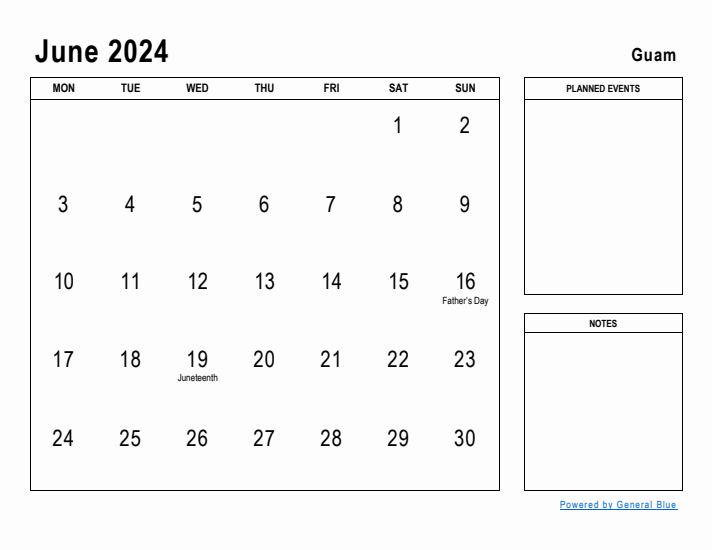 June 2024 Printable Monthly Calendar with Guam Holidays