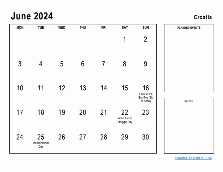 June 2024 Printable Monthly Calendar with Croatia Holidays