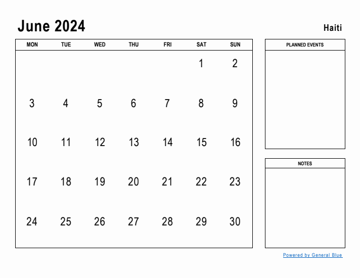 June 2024 Printable Monthly Calendar with Haiti Holidays