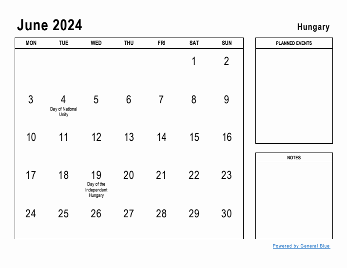 June 2024 Printable Monthly Calendar with Hungary Holidays