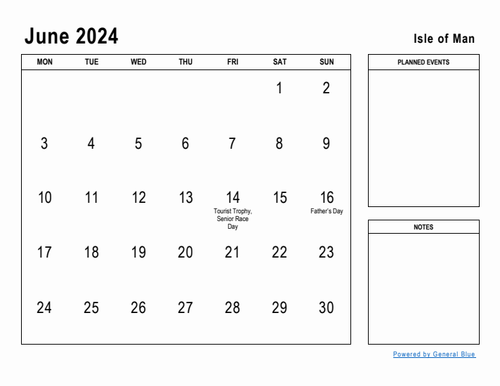 June 2024 Printable Monthly Calendar with Isle of Man Holidays