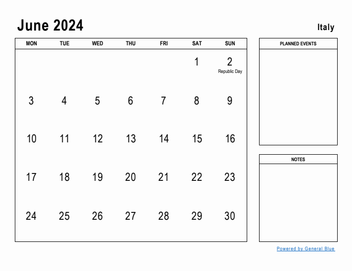 June 2024 Printable Monthly Calendar with Italy Holidays