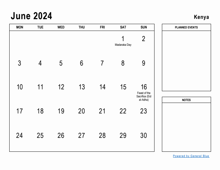 June 2024 Printable Monthly Calendar with Kenya Holidays