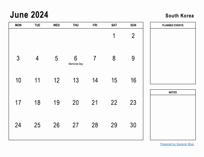 June 2024 Printable Monthly Calendar with South Korea Holidays