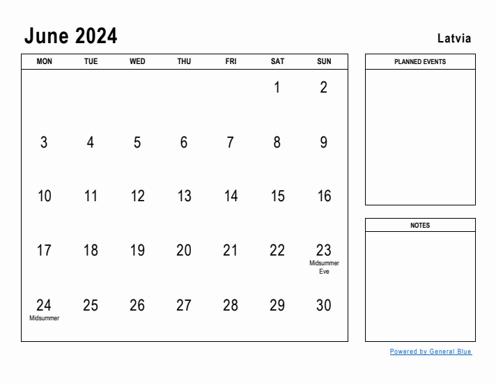 June 2024 Printable Monthly Calendar with Latvia Holidays