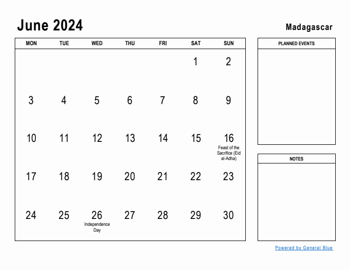 June 2024 Printable Monthly Calendar with Madagascar Holidays