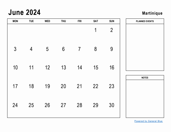 June 2024 Printable Monthly Calendar with Martinique Holidays