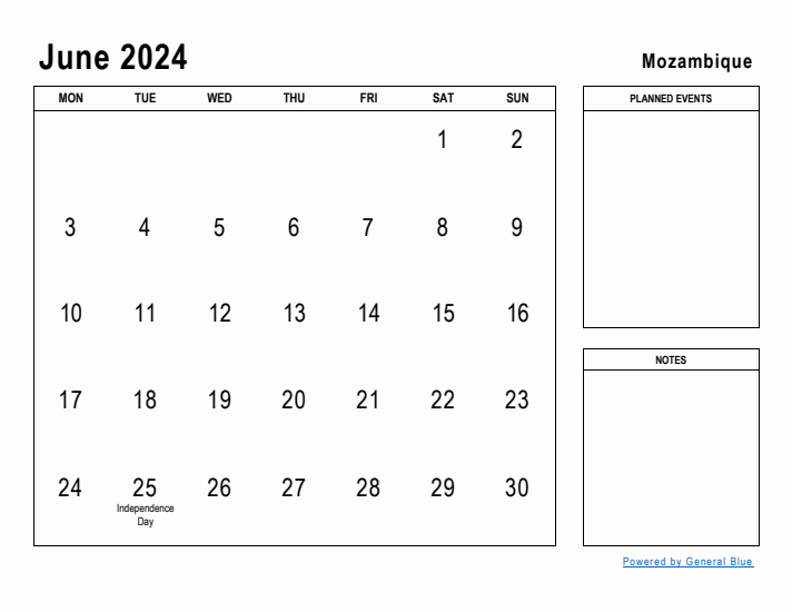 June 2024 Printable Monthly Calendar with Mozambique Holidays