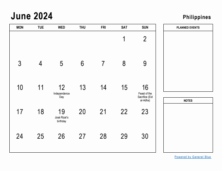 June 2024 Printable Monthly Calendar with Philippines Holidays