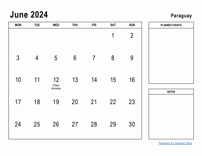 June 2024 Printable Monthly Calendar with Paraguay Holidays