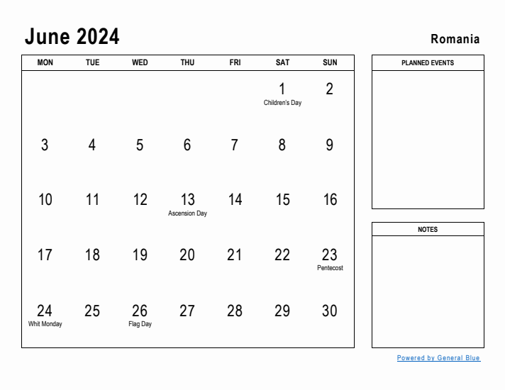 June 2024 Printable Monthly Calendar with Romania Holidays