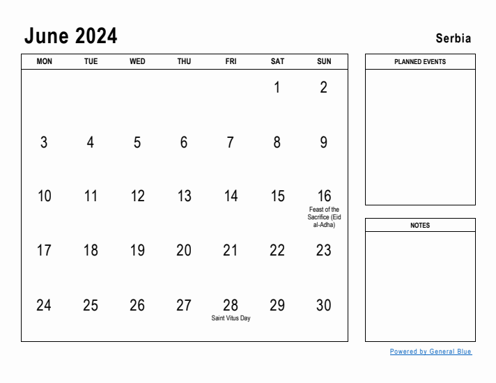 June 2024 Printable Monthly Calendar with Serbia Holidays