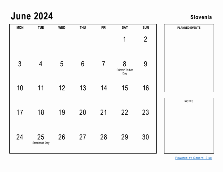 June 2024 Printable Monthly Calendar with Slovenia Holidays