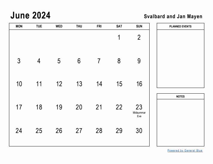 June 2024 Printable Monthly Calendar with Svalbard and Jan Mayen Holidays